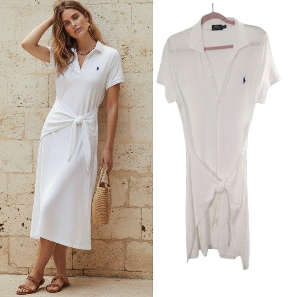 Polo Ralph Lauren Mesh Knit Tie Front Polo Midi Dress Size XL Knit Short Sleeve